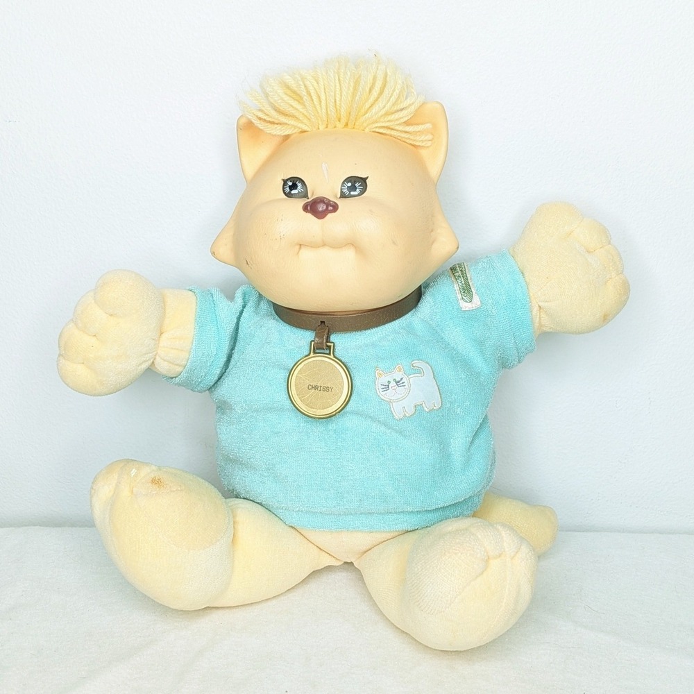 Vintage Cabbage‎ Patch Kids Koosas Cat Doll Blonde Blue Eyes Teal Shirt 1980s